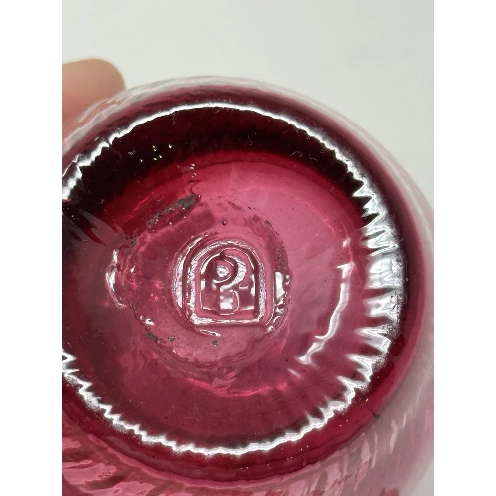 Pilgrim Cranberry Glass Hand Blown Optic Swirl Bud Vase 4.5